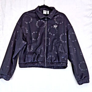 ADIDAS Originals Women's Cropped Track Jacket All Over Logo Pattern Black Sz Med